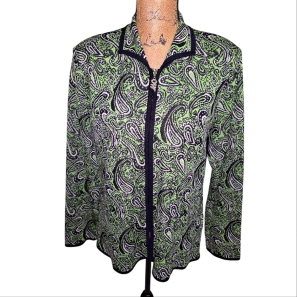Misook Knit Green Paisley‎ Full-Zip Cardigan Jacket With Zipper Pull Size Medium